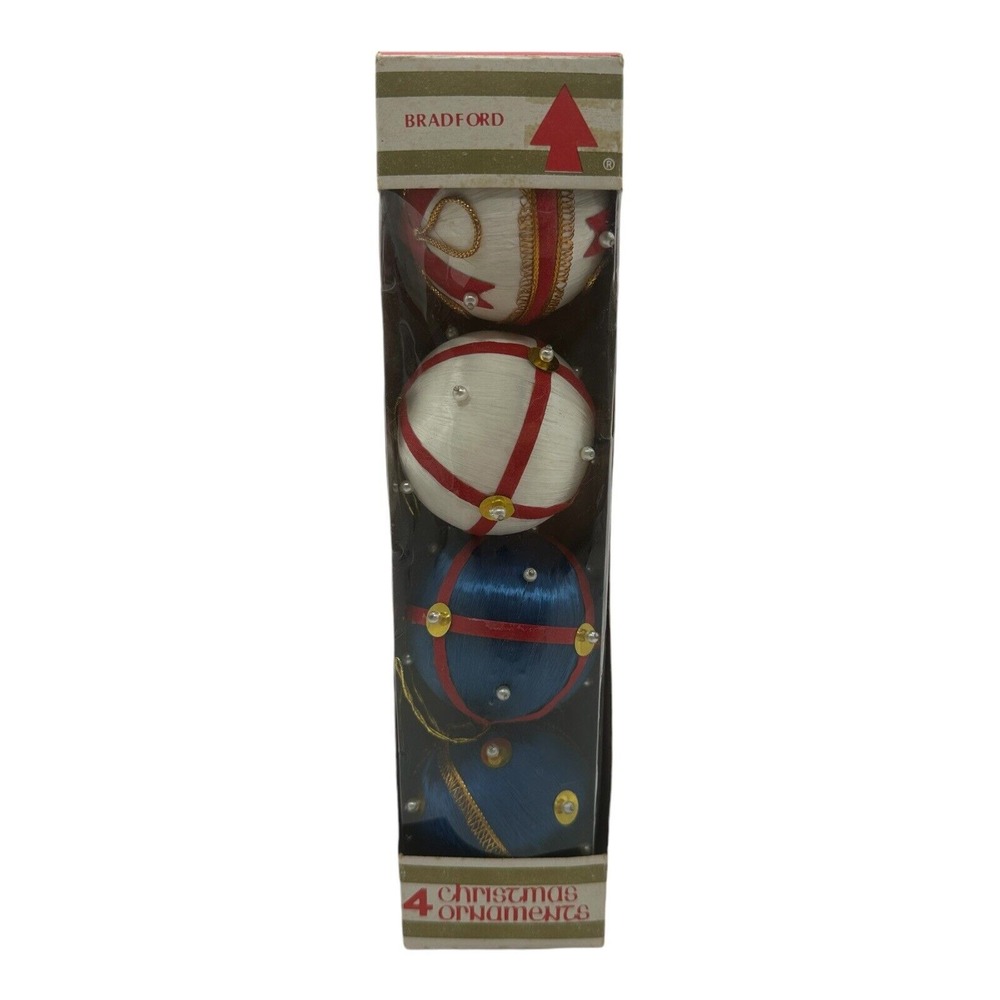 Vintage Box of 4 Bradford Unbreakable Christmas Ornaments 2.5" Round Blue White